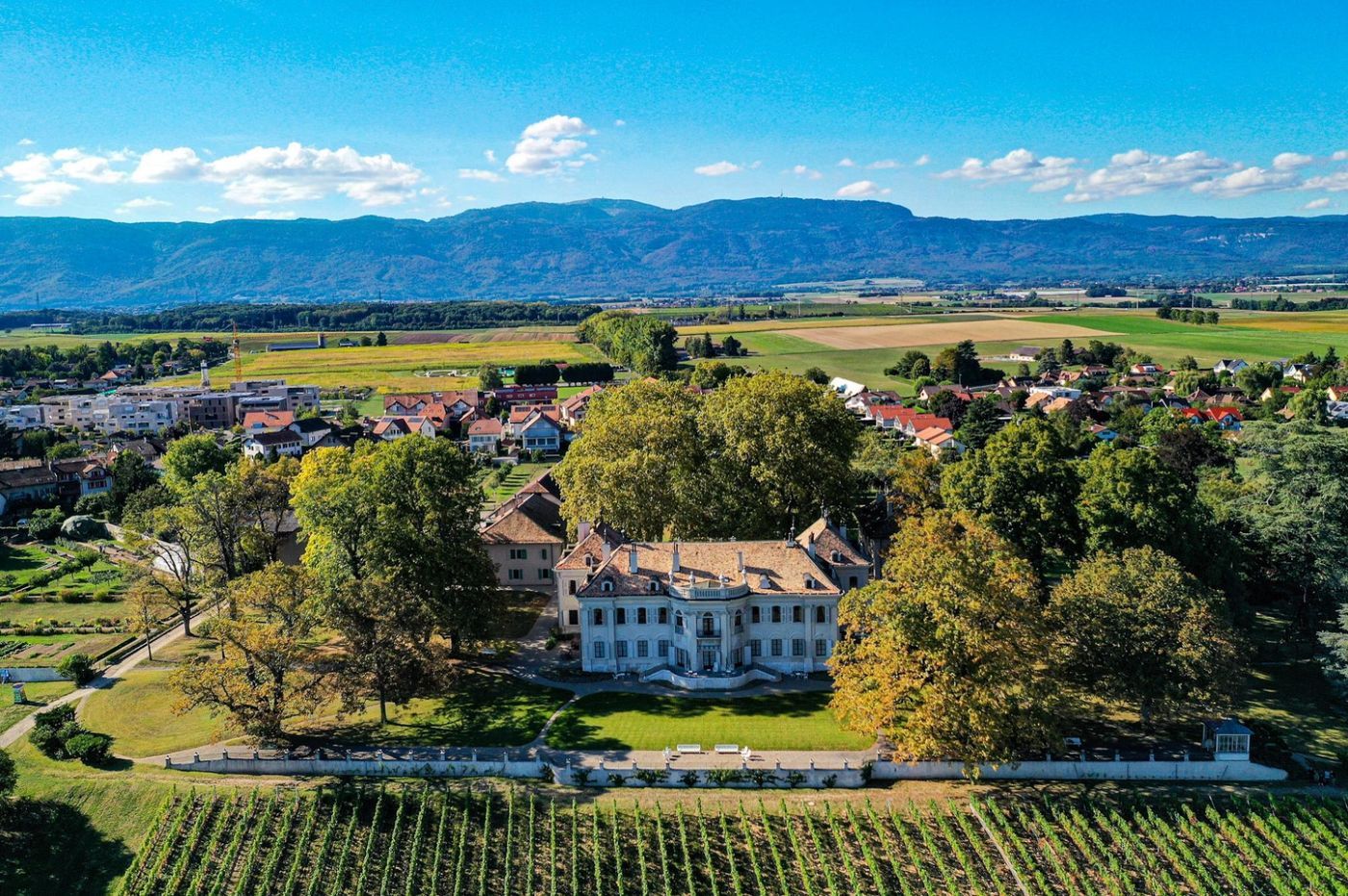 Vue aérienne du vignoble et du Château de Crans à La Côte, illustrant l’origine et la qualité des vins suisses bio du domaine.