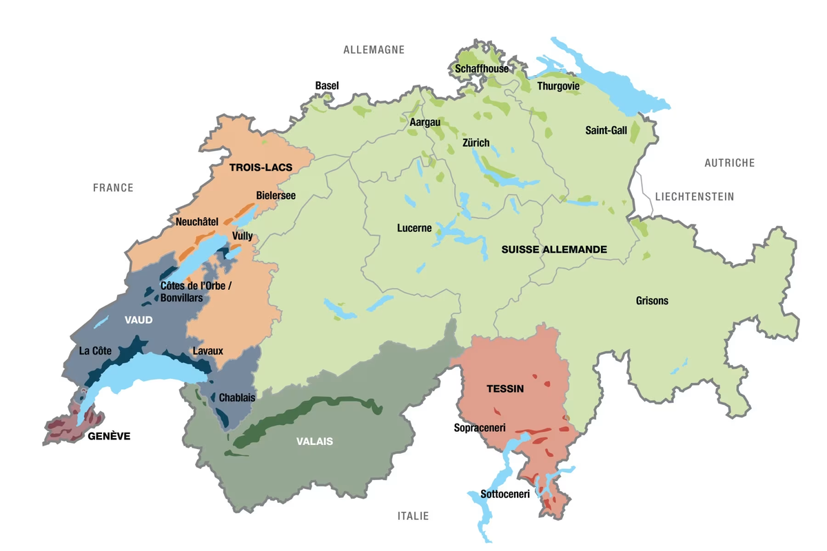 Carte des régions viticoles suisses : Vaud, Valais, Genève, Neuchâtel, Tessin, Trois-Lacs, Suisse alémanique